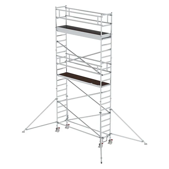 Munk Rollgerüst Aluminium-Rollgerüst mit Ausleger 3,00x0,75m Plattform 7,59m AH - Arbeitshöhe: 7.350 m - Silbernes Aluminium-Rollgerüst mit dunklen Plattformen, Auslegern und Rollen für Arbeiten in der Höhe.
