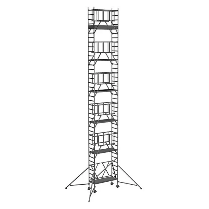 Zarges Rollgerüst Klappgerüst S-PLUS 1T 12,40m AH - Arbeitshöhe: 12.400 m - Hoher, grauer Gerüstturm aus Metall mit mehreren Ebenen und stabilisierenden Auslegern.