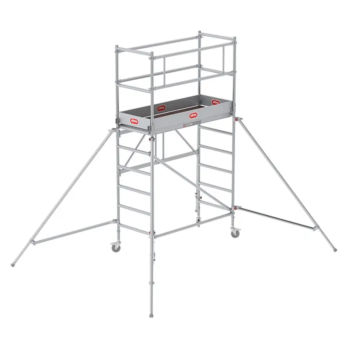 Altrex Rollgerüst Klappgerüst RS Tower 34 Aluminium 0,75x1,65m schmal 3,80m Arbeitshöhe - Arbeitshöhe: 3.800 m - Silberfarbenes Aluminium-Rollgerüst mit Schutzgeländern, Arbeitsplattform, Rollen und Auslegern für Stabilität. Mit Altrex-Branding.