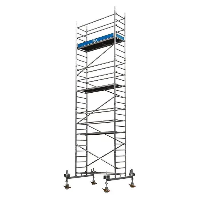 Iller Leiter Rollgerüst Fahrgerüst mit Fahrbalken 2,20x0,75m und 150mm Rollen nicht spindelbar 8,2 - Arbeitshöhe: 8.250 m - Hoher, mobiler Aluminium-Rollgerüstturm mit blauen Plattformen und Geländern auf Rollen.