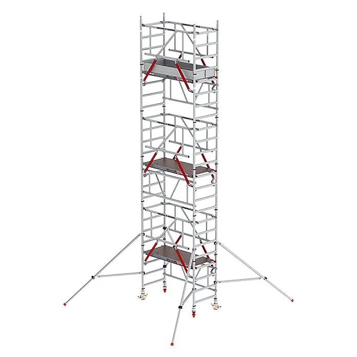 Altrex Rollgerüst MiTower PLUS Fahrgerüst Safe-Quick®2 Geländer 1-Person-Aufbau Aluminium - Arbeitshöhe: 7.200 m - Hohes, fahrbares Aluminiumgerüst mit mehreren Plattformen, roten Diagonalstreben, Auslegern, Rädern und einem Materialbehälter.