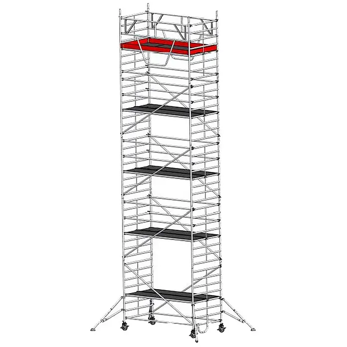 Euroline Rollgerüst Gerüst 9517 mit Sicherheitsaufbau und Auslegern 11,35m AH - Arbeitshöhe: 11.350 m - Hoher, mobiler Aluminium-Gerüstturm mit mehreren dunkelgrauen und einer roten oberen Plattform.