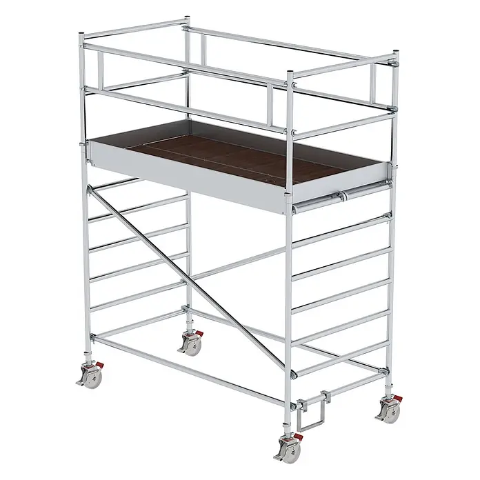 Munk Rollgerüst Rollgerüst mit Doppelplattform 1,35x2,45m Plattform, 4,35m AH - Arbeitshöhe: 4.350 m - Aluminium-Rollgerüst mit dunkler Holzplattform und vier feststellbaren Rollen.