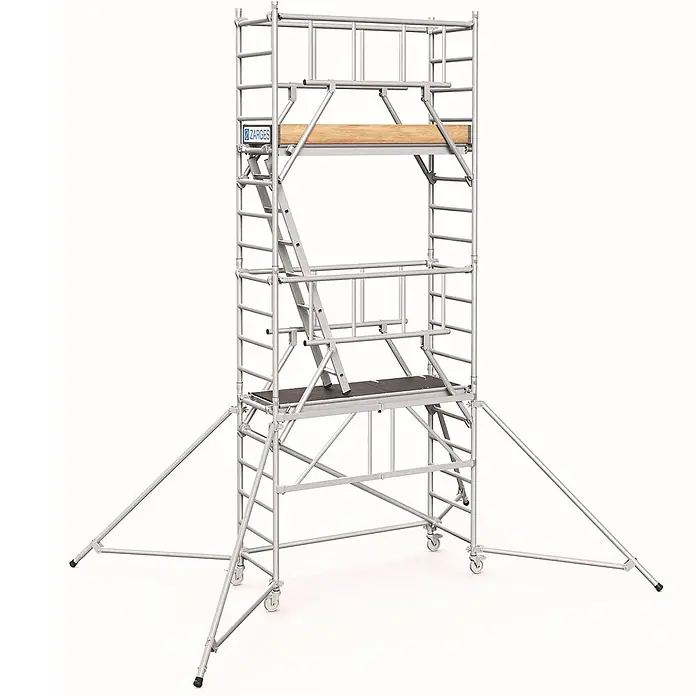 Zarges Rollgerüst Klappgerüst PaxTower S-Plus 1T Gruppe 4, 5,55m AH - Arbeitshöhe: 5.550 m - Silbernes Aluminium-Rollgerüst mit mehreren Ebenen, Plattformen, Innenleiter, Auslegern und Rollen.