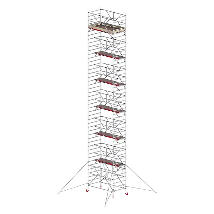 Altrex Rollgerüst Fahrgerüst RS Tower 42-S Aluminium Safe-Quick mit Holz-Plattform 14,20m AH - Arbeitshöhe: 14.200 m - Ein hoher, mobiler Gerüstturm aus silbernem Metall mit mehreren braunen Plattformen, roten Akzenten und Auslegern.