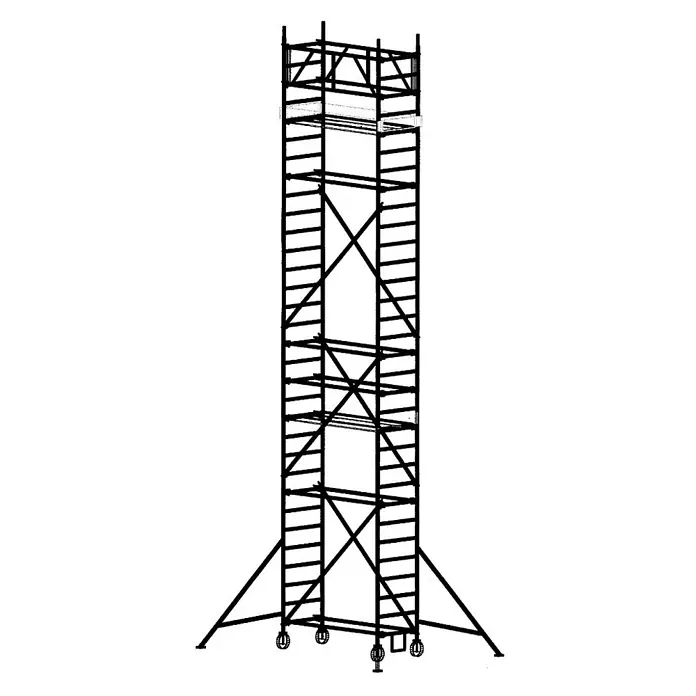 Euroline Rollgerüst 9521 Gerüst Sicherheitsaufbau mit Fahrbalken verschiebbar/Auslegern 9,35m - Arbeitshöhe: 9.350 m - Mobiler Metallgerüstturm mit Stabilisierungsstützen und Kreuzverstrebungen.