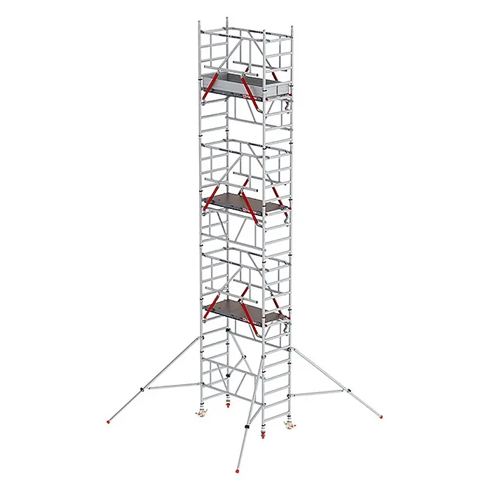 Altrex Rollgerüst MiTower PLUS Fahrgerüst Safe-Quick®2 Geländer 1-Person-Aufbau Aluminium - Arbeitshöhe: 8.200 m - Hohes mobiles Gerüst aus silbernem Aluminium mit roten Sicherheitsstreben, Holzplattformen, Stabilisierungsstützen und Rollen.