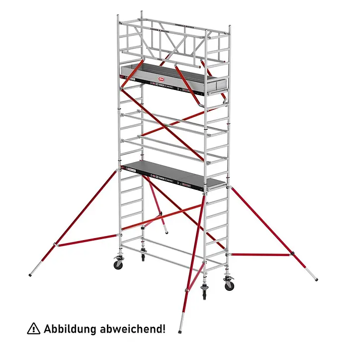 Altrex Rollgerüst Fahrgerüst RS Tower 51 Aluminium mit Fiber-Deck Plattform 5,20m AH schmal - Arbeitshöhe: 5.200 m - Silbernes Aluminium-Rollgerüst mit roten Diagonalstreben und schwarzen Plattformen, auf Rollen mit Auslegern.