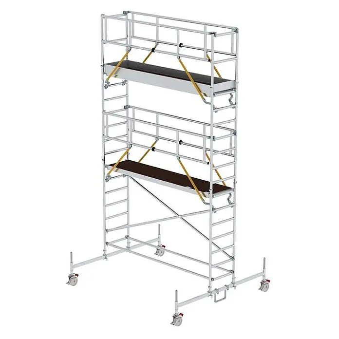 Munk Rollgerüst Rollgerüst SG 0,75x3,00m Plattform 6,66m AH - Arbeitshöhe: 6.660 m - Mobiles Aluminium-Rollgerüst mit zwei Plattformen, Geländern und Rollen.