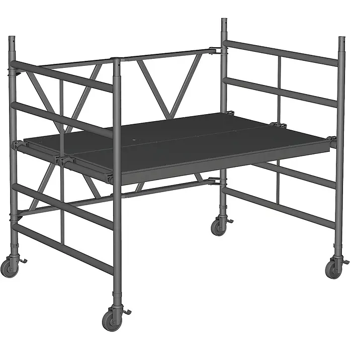 Zarges Rollgerüst Kleingerüst CompactMaster 2T doppelte Plattformbreite 2,95m AH (DIN EN 100 (Arbeitshöhe: 2.950 m) -  - Graues mobiles Gerüst aus Metall mit einer dunkelgrauen Plattform und Sicherheitsgeländern, ausgestattet mit vier Rädern für einfache Bewegung.