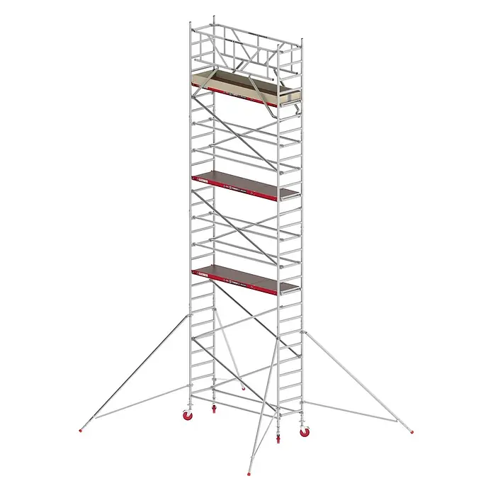 Altrex Rollgerüst Fahrgerüst RS Tower 41 Alu mit Holz-Plattform 9,20m AH breit 0,75x2,45m - Arbeitshöhe: 9.200 m - Ein silber-graues Aluminium-Rollgerüst mit Holzplattformen, roten Akzenten, Auslegern und roten Rädern.