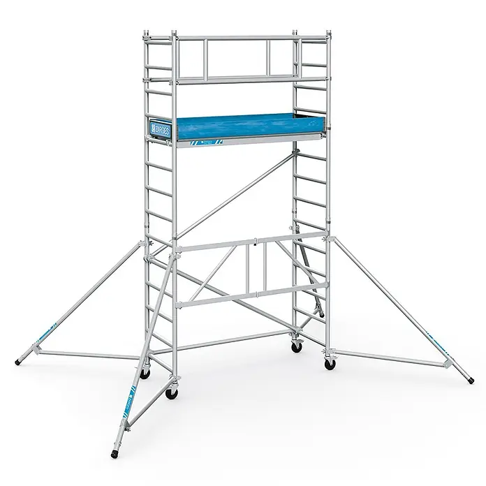 Zarges Rollgerüst Klappgerüst PaxTower 1T Gruppe 3, 4,55m AH - Arbeitshöhe: 5.550 m - Fahrbares Aluminium-Gerüst mit blauer Plattform, Auslegern und Rollen für Arbeiten in der Höhe.
