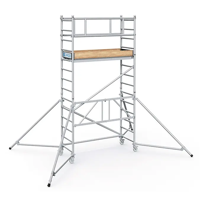 Zarges Rollgerüst Klappgerüst PaxTower 1T Gruppe 3, 4,55m AH - Arbeitshöhe: 5.550 m - Silbernes mobiles Aluminiumgerüst mit Holzplatform, Auslegern und Rollen für sicheres Arbeiten in der Höhe.