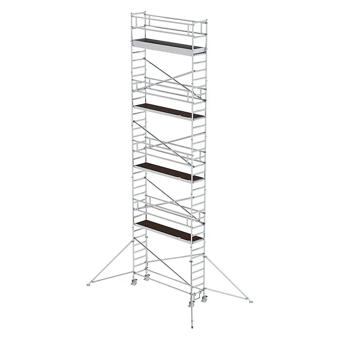 Munk Rollgerüst Aluminium-Rollgerüst mit Ausleger 3,00x0,75m Plattform 11,51m AH - Arbeitshöhe: 11.350 m - Hohes silbernes mobiles Gerüst mit dunklen Plattformen und Auslegern für Stabilität.