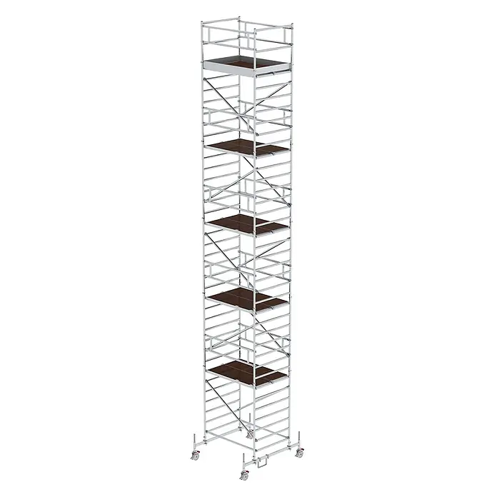 MUNK Rollgerüst mit Doppelplattform 1,35x1,80m Plattform, 12,35m AH -  - Hohes mobiles Rollgerüst mit silbernem Metallrahmen und dunkelbraunen Arbeitsplattformen auf Rollen.