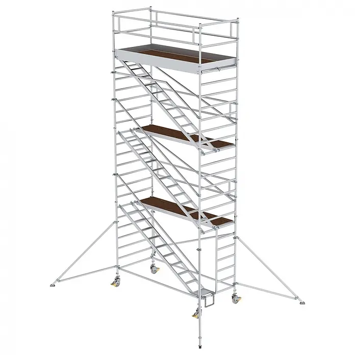 Munk Rollgerüst Rollgerüst mit Schrägaufstiegen 1,35x3,00m Plattform, 8,35m AH - Arbeitshöhe: 8.350 m - Modulares Fahrgerüst aus silbernem Metall mit Innentreppen und Holzplattformen.