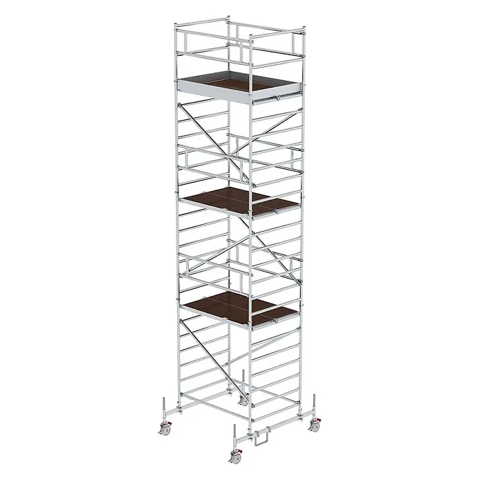 Munk Rollgerüst Rollgerüst mit Doppelplattform 1,35x1,80m Plattform, 8,35m AH - Arbeitshöhe: 8.350 m - Mobiles Aluminium-Rollgerüst mit mehreren braunen Arbeitsplattformen und feststellbaren Lenkrollen.