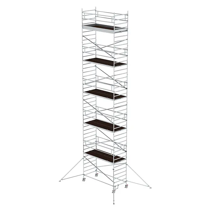 Munk Rollgerüst Rollgerüst mit Doppelplattform 3,00x1,80m Plattform 13,35m AH - Arbeitshöhe: 13.350 m - Hoher, mobiler Aluminium-Gerüstturm mit mehreren dunkelbraunen Arbeitsplattformen, Rollen und Auslegern.