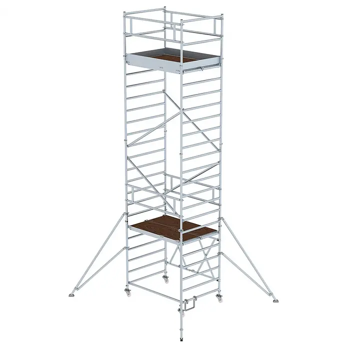 Munk Rollgerüst Klappgerüst 1,35x1,80m Plattform, 7,80m Arbeitshöhe - Arbeitshöhe: 7.800 m - Mobiler Aluminium-Rollgerüstturm mit zwei Holzplattformen und Sicherheitsgeländern.