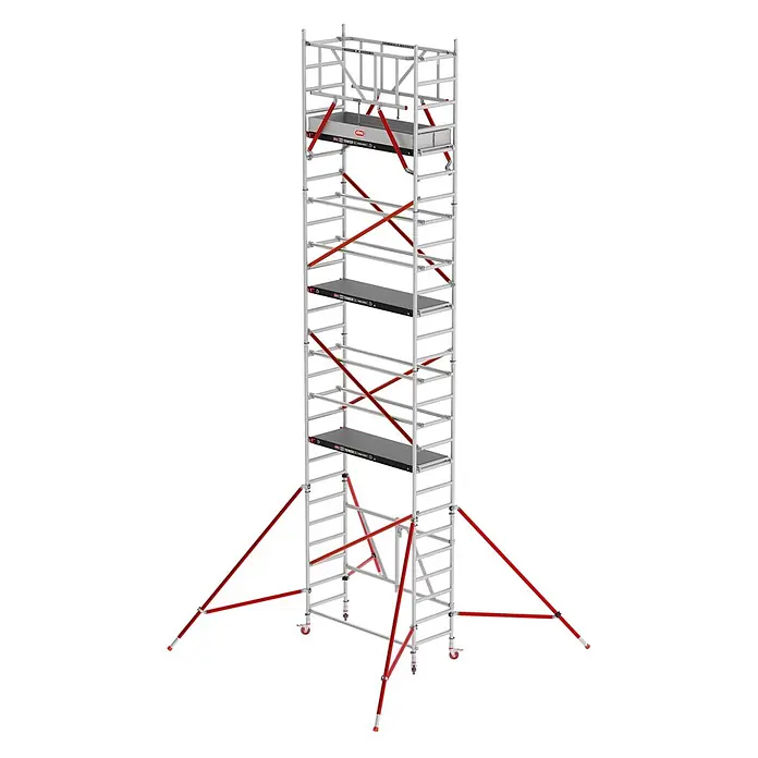 Altrex Rollgerüst Klappgerüst RS Tower 54 Aluminium Holz-Plattform 0,75x1,85m ohne Safe-Quic - Arbeitshöhe: 8.800 m - Hoher, silberner Aluminium-Rollgerüstturm mit roten Streben, schwarzen Arbeitsplattformen und Auslegern für Stabilität.