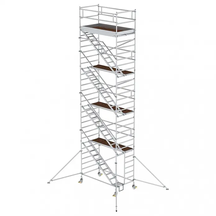 Munk Rollgerüst Rollgerüst mit Schrägaufstiegen 1,35x2,45m Plattform, 10,35m AH - Arbeitshöhe: 10.350 m - Mobiler Aluminium-Rollgerüstturm mit Innentreppen, mehreren braunen Plattformen und Auslegern.