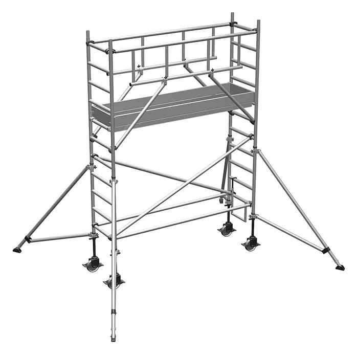 Zarges Rollgerüst Fahrgerüst MultiTower S-PLUS 1T mit Auslegern 2,50m Plattformlänge 4,45m - Arbeitshöhe: 4.450 m - Silbernes Aluminium-Rollgerüst mit Arbeitsplattform, integrierten Leitern, Rädern und Stabilisierungsstützen.