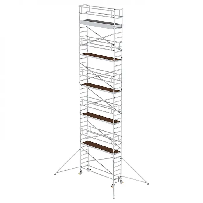 Munk Rollgerüst Aluminium-Rollgerüst mit Ausleger 3,00x0,75m Plattform 12,35m AH - Arbeitshöhe: 12.350 m - Mehrstufiger mobiler Gerüstturm mit silbernem Metallrahmen, braunen Holzplattformen, Rollen und Auslegern.