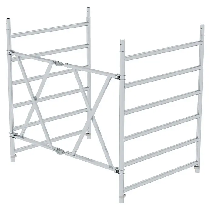 Munk Rollgerüst Klapprahmeneinheit für Gerüstlänge 1,35m -  - Silberfarbenes Aluminium-Gerüstgestell mit Kreuzstreben für Stabilität.
