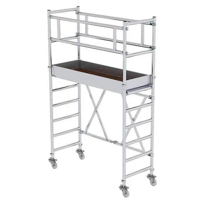 Munk Rollgerüst Klappgerüst 0,75x1,80m Plattform, 3,80m Arbeitshöhe - Arbeitshöhe: 3.800 m - Mobiles Gerüst aus silbernem Aluminium mit Sicherheitsgeländern, Arbeitsplattform, Leitern und Rollen.