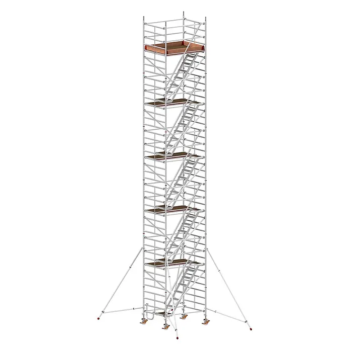 Hymer Rollgerüst Treppen-Fahrgerüst 11,64m Gerüsthöhe - Arbeitshöhe: 12.400 m - Fahrbares Aluminium-Gerüst mit Innentreppe, Plattformen und stabilisierenden Auslegern.