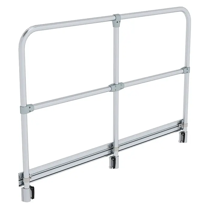 Munk Rollgerüst Geländer steckbar 1260mm Plattformlänge -  - Silbernes Metall-Sicherheitsgeländer mit Rundrohren und einer unteren Montageschiene.