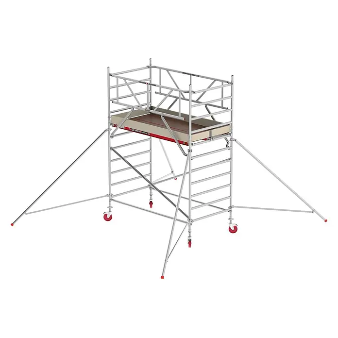 Altrex Rollgerüst Fahrgerüst RS Tower 42 Aluminium mit Holz-Plattform 4,20m AH 1,35x2,45m - Arbeitshöhe: 4.200 m - Silber-graues Aluminium-Fahrgerüst mit Holzplattformen, Geländern, roten Rädern und Auslegern für Stabilität.