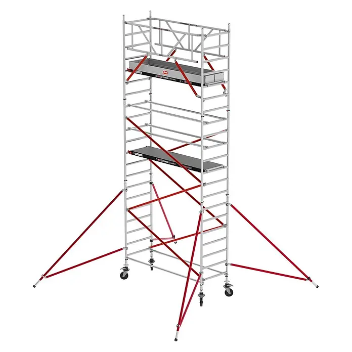 Altrex Rollgerüst Fahrgerüst RS Tower 51 Plus Aluminium 0,90m breiter Rahmen mit Fiber-Deck - Arbeitshöhe: 7.200 m - Mobiles Aluminium-Rollgerüst mit zwei Plattformen, roten Diagonalstreben, Auslegern und Rädern.