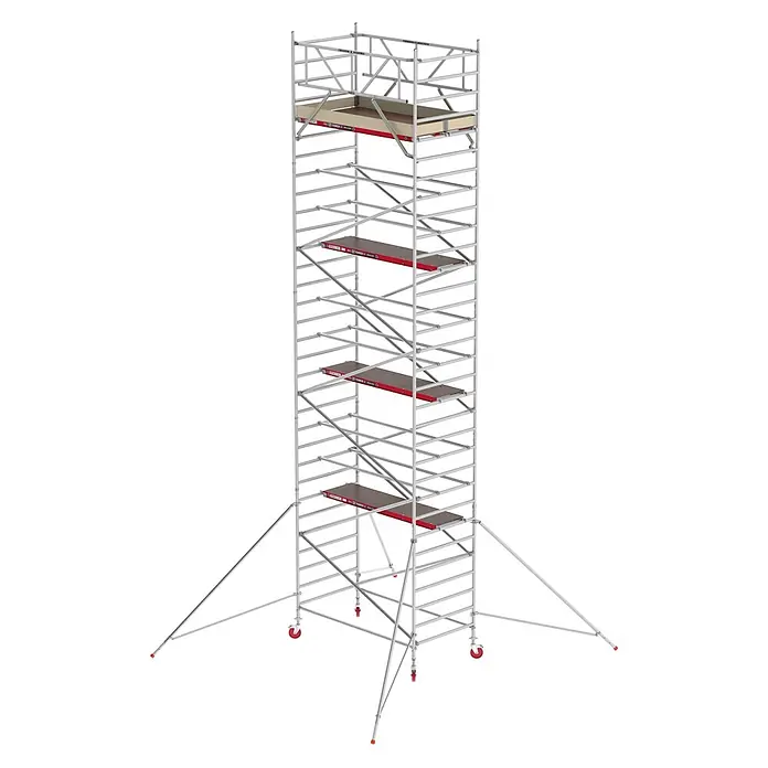 Altrex Rollgerüst Fahrgerüst RS Tower 42 Aluminium mit Holz-Plattform 8,20m AH 1,35x2,45m - Arbeitshöhe: 8.200 m - Hohes, silbernes Aluminium-Rollgerüst mit roten und dunkelbraunen Holzplattformen, Schutzgeländern, Rädern und Auslegern.
