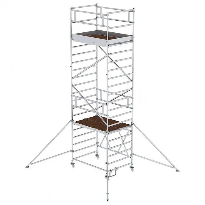 Munk Rollgerüst Klappgerüst 1,35x1,80m Plattform, 6,80m Arbeitshöhe - Arbeitshöhe: 6.800 m - Silberfarbenes Rollgerüst mit Holzplattformen, Geländern, Rollen und Stabilisierungsstützen.