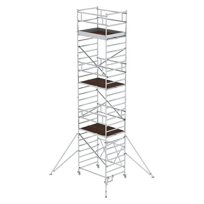 Munk Rollgerüst Klappgerüst 1,35x1,80m Plattform, 8,80m Arbeitshöhe - Arbeitshöhe: 8.800 m - Mehrstöckiger Aluminium-Rollgerüstturm mit braunen Holzplattformen und stabilisierenden Auslegern.