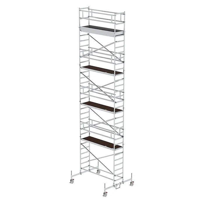 Munk Rollgerüst Rollgerüst mit Fahrbalken 0,75x2,45m Plattform 10,45m AH - Arbeitshöhe: 10.450 m - Silberfarbenes Fahrgerüst mit mehreren Holzplattformen und feststellbaren Lenkrollen.