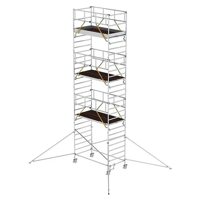 MUNK Rollgerüst SG mit Doppelplattform 1,35x2,45m und Ausleger 9,55m AH -  - Mobiles Aluminium-Rollgerüst mit drei Arbeitsbühnen, Geländern, Rollen und Auslegern.