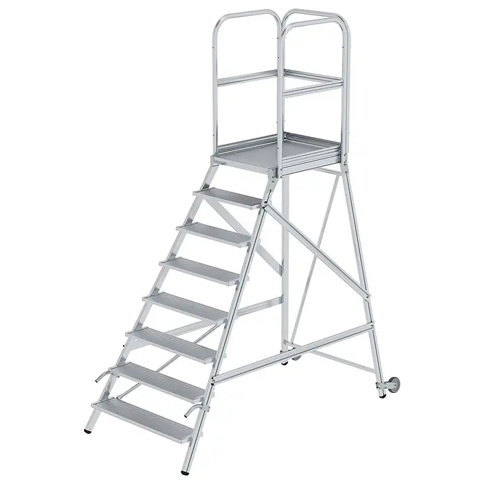 Munk Podestleiter Podestleiter mit Rollen und Griff Aluminium geriffelt 8 Stufen - Anzahl Tritte: 8 Stk., Arbeitshöhe: 3.900 m, Aluminium - Mobile Arbeitsplattform aus silbernem Aluminium mit Handläufen, erhöhter Plattform und Rädern.