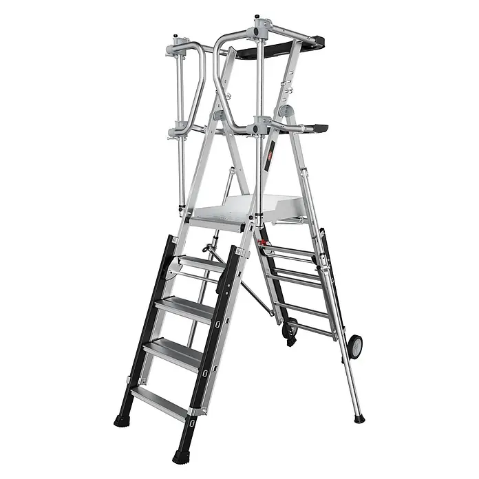 Altrex Podestleiter RolGuard Teleskop Plattformleiter Compact 5/7 Stufen - Arbeitshöhe: 3.600 m - Silberne Aluminium-Arbeitsplattform mit schwarz akzentuierten Stufen, Geländern und mobilen Rädern.
