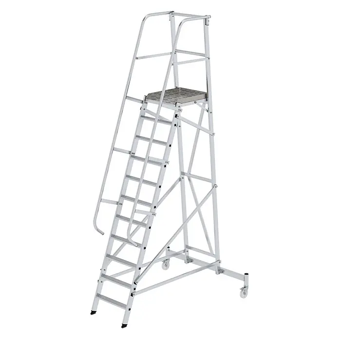Munk Podestleiter Plattformleiter fahrbar 11 Stufen - Anzahl Tritte: 11 Stk., Arbeitshöhe: 4.600 m, Aluminium - Silberfarbene, fahrbare Arbeitsplattform aus Aluminium mit Stufen, Handläufen, rutschfester Plattform und Rollen.