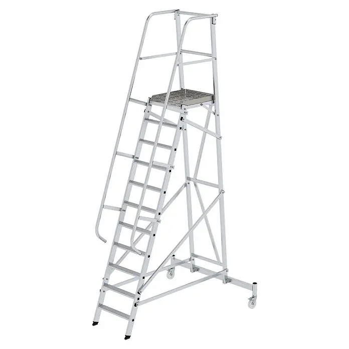 Munk Podestleiter Plattformleiter fahrbar 11 Stufen - Anzahl Tritte: 11 Stk., Arbeitshöhe: 4.600 m, Aluminium - Silberne mobile Arbeitsplattform aus Aluminium mit Stufen, Geländer und Rollen.