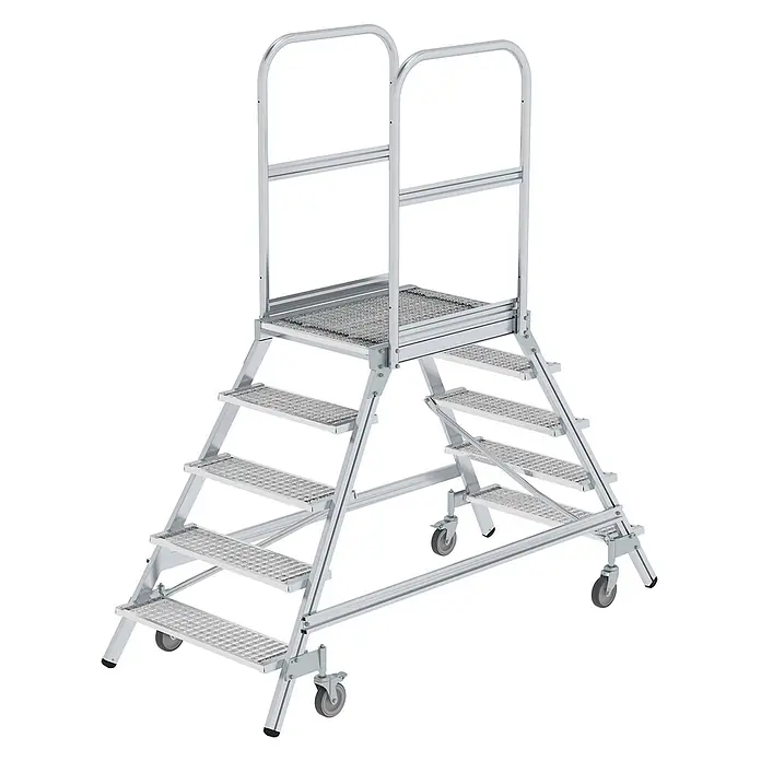 Munk Podestleiter Podestleiter fahrbar Stahl-Gitterrost 2x5 Stufen - Anzahl Tritte: 5 Stk., Arbeitshöhe: 3.200 m, Aluminium - Silberne mobile Arbeitsplattform aus Aluminium mit Stufen, Handläufen und Rollen für erhöhten Zugang.