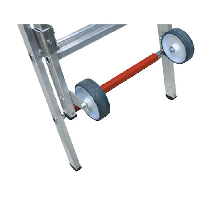 Munk Teleskopleiter Plattformleiter FlexxStep 5 Sprossen mit Teleskopaufsatz plus 2 Sprossen - Anzahl Tritte: 4 Stk., Arbeitshöhe: 3.000 m, Aluminium - Aluminiumleiterteil mit roter Transportstange und zwei dunkelgrauen Rädern zur einfachen Mobilität.