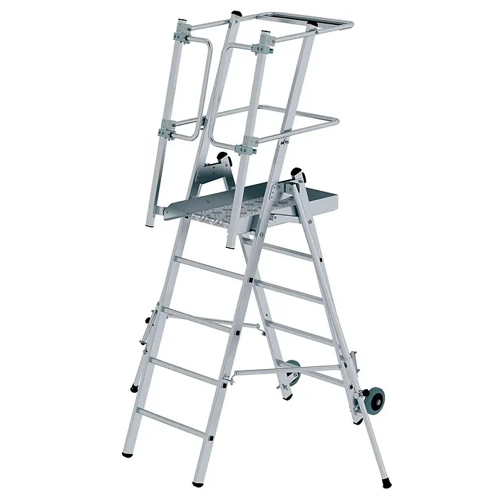 Munk Podestleiter Plattformleiter FlexxStep 5 Sprossen - Anzahl Tritte: 5 Stk., Arbeitshöhe: 3.020 m, Aluminium - Silberne Aluminium-Arbeitsbühne mit Geländer und Rollen für einen sicheren, tragbaren Arbeitsplatz.