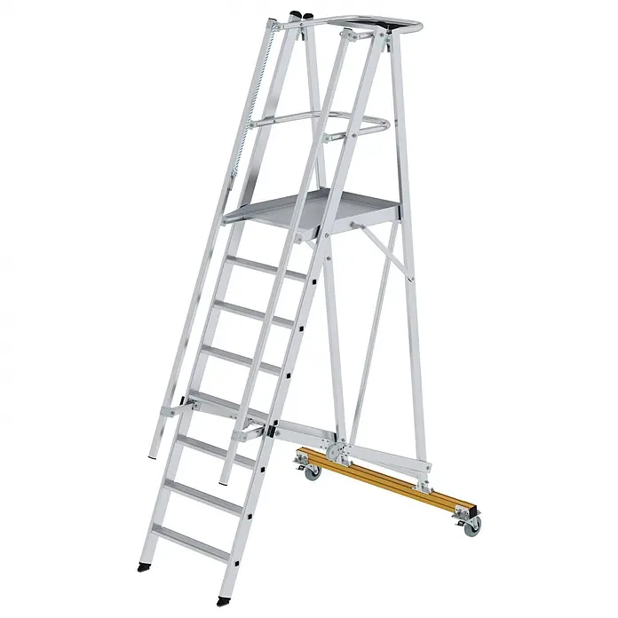 Munk Podestleiter Podestleiter klappbar 8 Stufen - Anzahl Tritte: 8 Stk., Arbeitshöhe: 3.850 m, Aluminium - Mobile Arbeitsplattform aus silbernem Aluminium mit Stufen, Sicherheitsgeländer und Rollen.