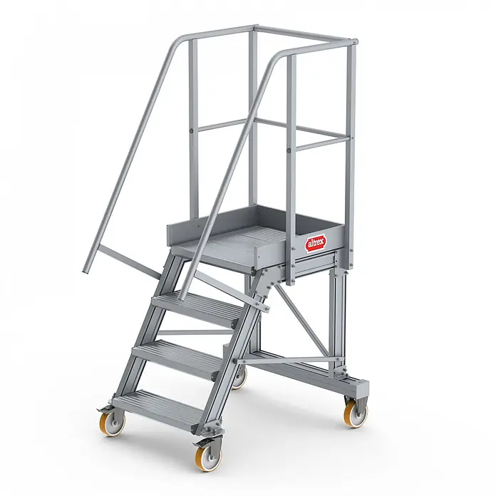 Altrex Podestleiter Podesttreppe fahrbar 60° 4 Stufen - Anzahl Tritte: 4 Stk., Arbeitshöhe: 2.980 m, Aluminium - Mobile Arbeitsplattform aus silbernem Aluminium mit Stufen, Sicherheitsgeländer und Rollen.