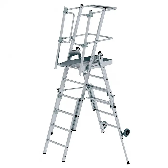 Munk Podestleiter Plattformleiter FlexxStep 4 Sprossen mit Teleskopaufsatz plus 2 Sprossen - Anzahl Tritte: 6 Stk., Arbeitshöhe: 3.580 m, Aluminium - Silberne Aluminium-Klappleiter mit Arbeitsplattform, Geländer und Rollen.