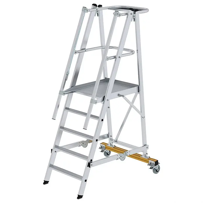Munk Podestleiter Podestleiter klappbar 5 Stufen - Anzahl Tritte: 5 Stk., Arbeitshöhe: 3.150 m, Aluminium - Mobile Aluminium-Arbeitsplattform mit Sicherheitsgeländer, breiten Stufen und Fahrgestell mit gelben Akzenten und schwarzen Anti-Rutsch-Füßen.