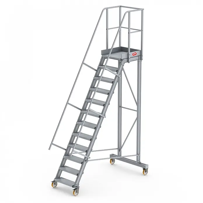 Altrex Podestleiter Podesttreppe fahrbar 60° 12 Stufen - Anzahl Tritte: 12 Stk., Arbeitshöhe: 4.940 m, Aluminium - Mobile Arbeitsplattform aus Aluminium mit Treppe, Sicherheitsgeländer und Rollen.